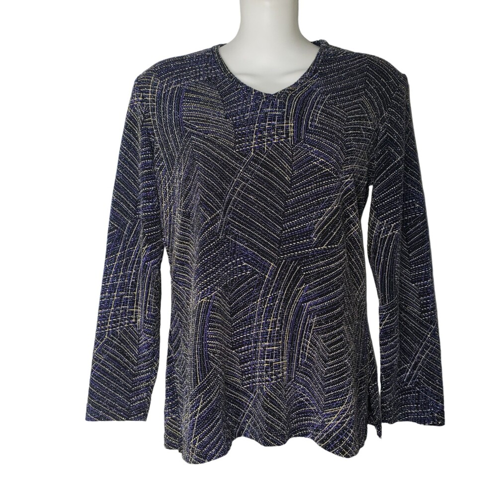 VINTAGE NOTATIONS  Black and Purple Silver Metallic V Neck Top Size Medium